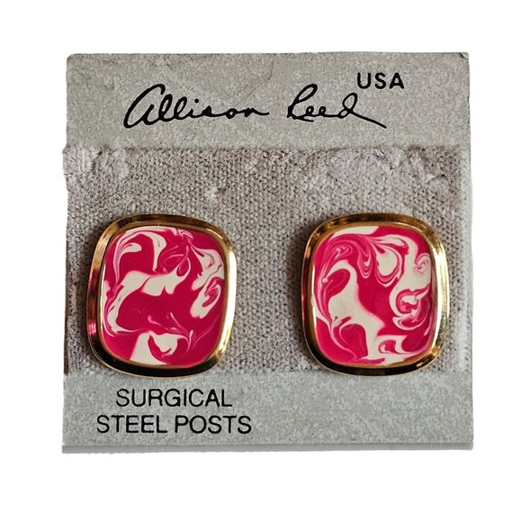 Vintage ALLISON REED Paint Pink White Swirl Rectangular PIERCED EARRINGS - Picture 5 of 11